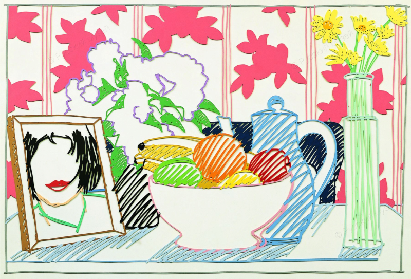 Рисунок из стали с фруктами, цветами и Моникой